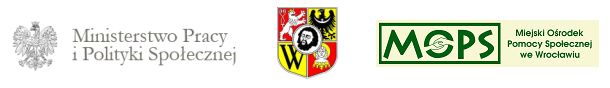 logo Miejskiego Ośrodka Pomocy Społecznej, logo Ministerstwa Pracy i Polityki Społecznej, herb Wrocławia