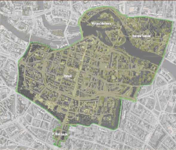 mapa z zakreślonym obszarem Parku Kulturowego Staregoo Miastao