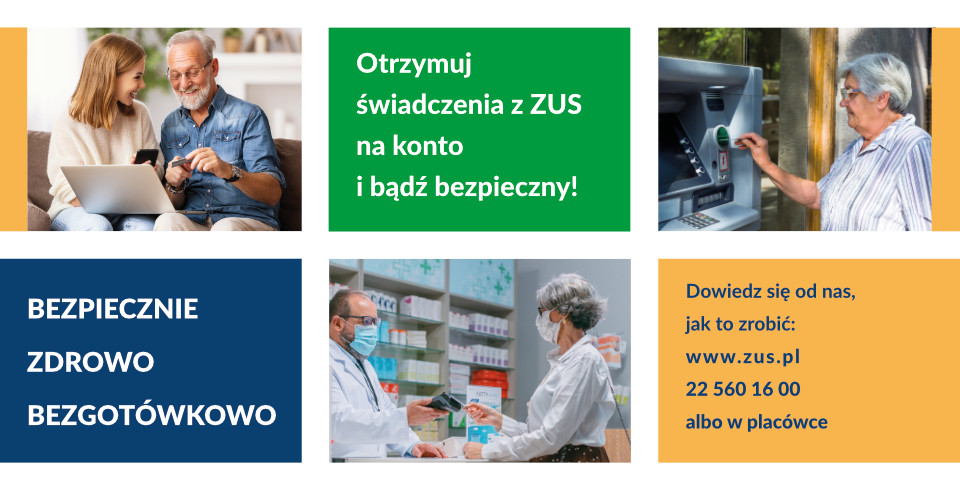 baner zachęcający do płącenia bezgotwkowo, seniorzy płącący kartą, korzystający z bankomatu i komputera