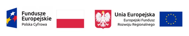 loga instytucji finansujących projekt: Fundusze Europejskie Polska Cyfrowa, flaga Polski, godło Polski, Unia Europejska Europejski Fundusz Rozwoju Regionalnego 