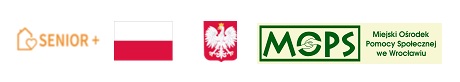 logo programu senior+, flaga Polski, herb Polski, logo Miejskiego Ośrodka Pomocy Społecznej we Wrocławiu