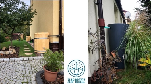 logo programu i zdjęcia przedstawiające sposoby na łapanie deszczu